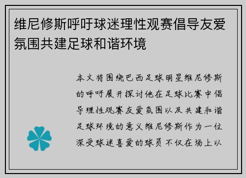 维尼修斯呼吁球迷理性观赛倡导友爱氛围共建足球和谐环境